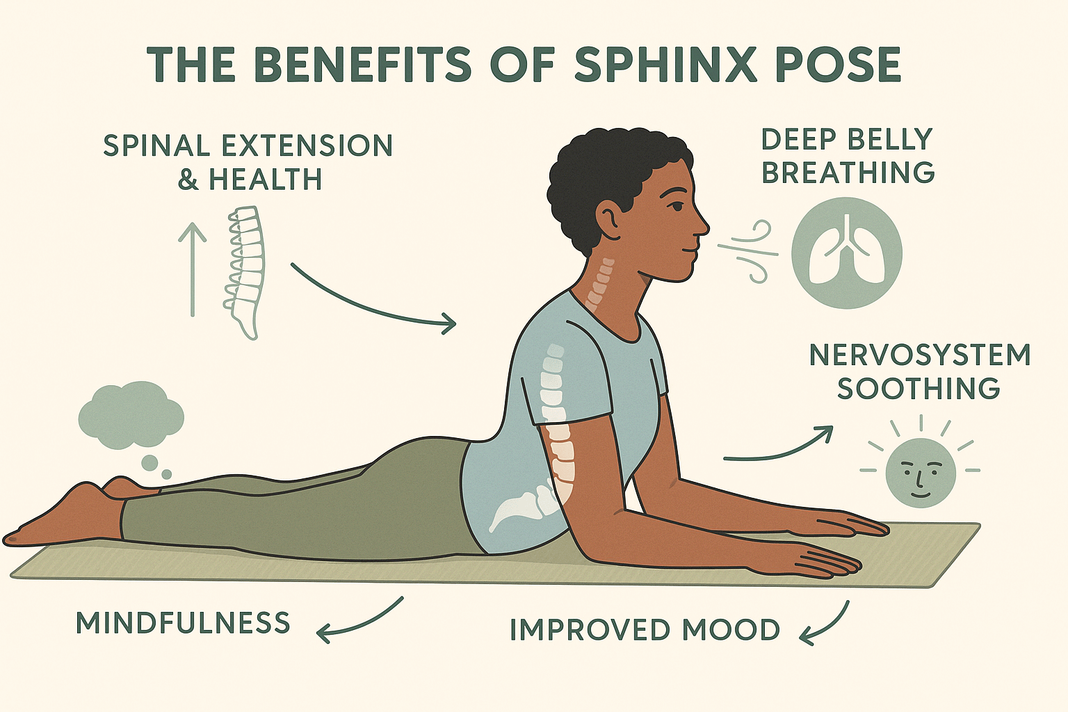 Educational infographic of a diverse person in Sphinx Pose on a yoga mat. Clear vector illustrations highlight spinal health, deep belly breathing, nervous system calming, mindfulness, and improved mood with labeled arrows, icons, and soothing pastel colors. Designed for yoga or wellness education.